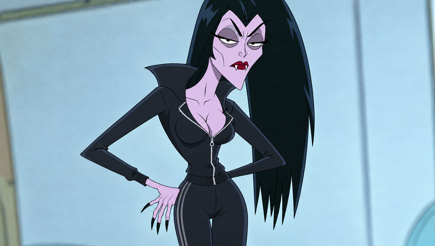 Nocturia, a vampire in a black zip-up jogging suit with a tall stiff collar